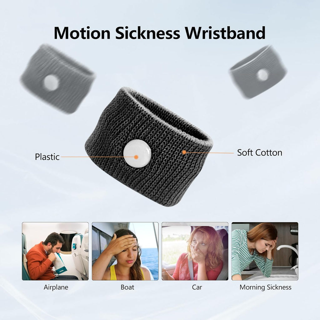 Motion Sickness Wristband, Anti-Nausea Acupressure Wrist Band for Nausea Relief, Dizziness and Vomiting from Car Sea Boat Flying Travel Sickness for Adults and Kids (Black, Large, 2 Pairs)