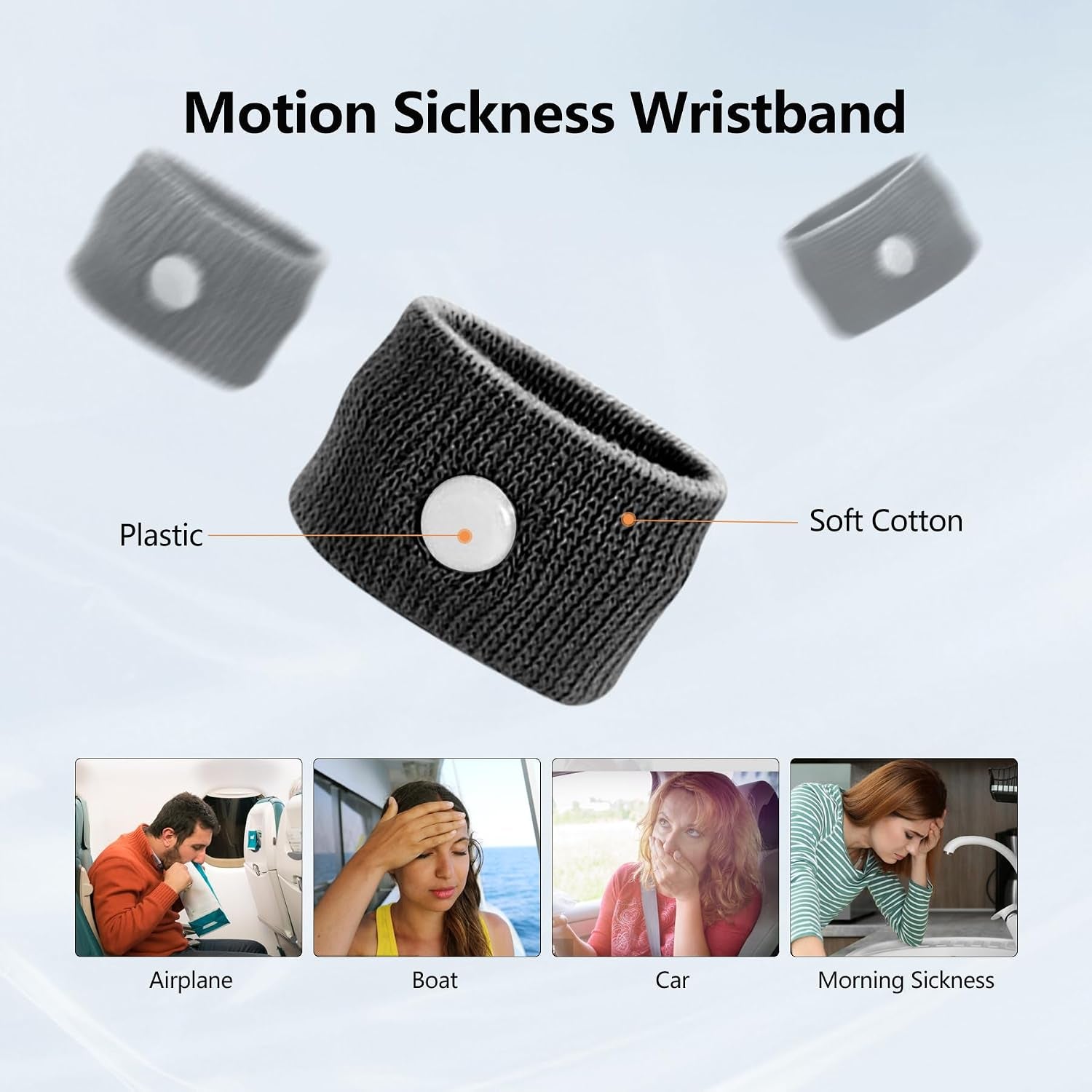 Motion Sickness Wristband, Anti-Nausea Acupressure Wrist Band for Nausea Relief, Dizziness and Vomiting from Car Sea Boat Flying Travel Sickness for Adults and Kids (Black, Large, 2 Pairs)